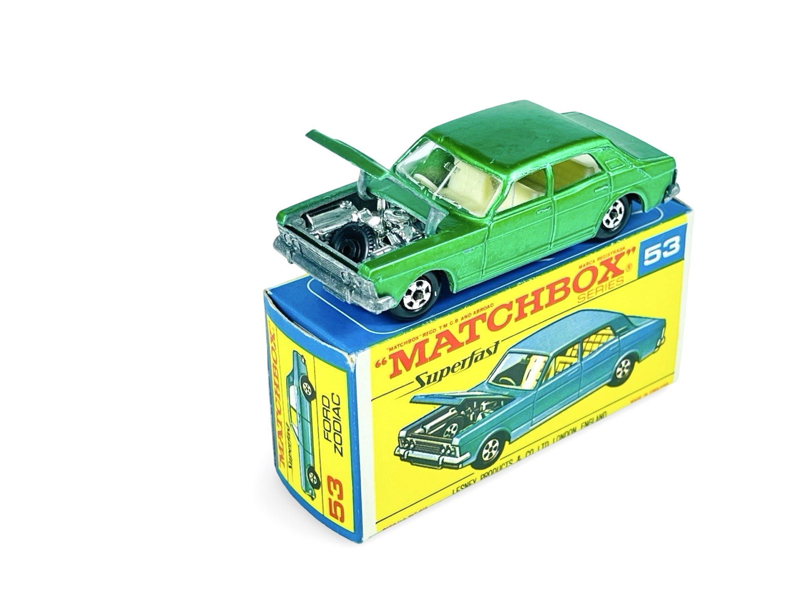 Matchbox Lesney Superfast MB53 Green Ford Zodiac w/Original MB F2 Script Box