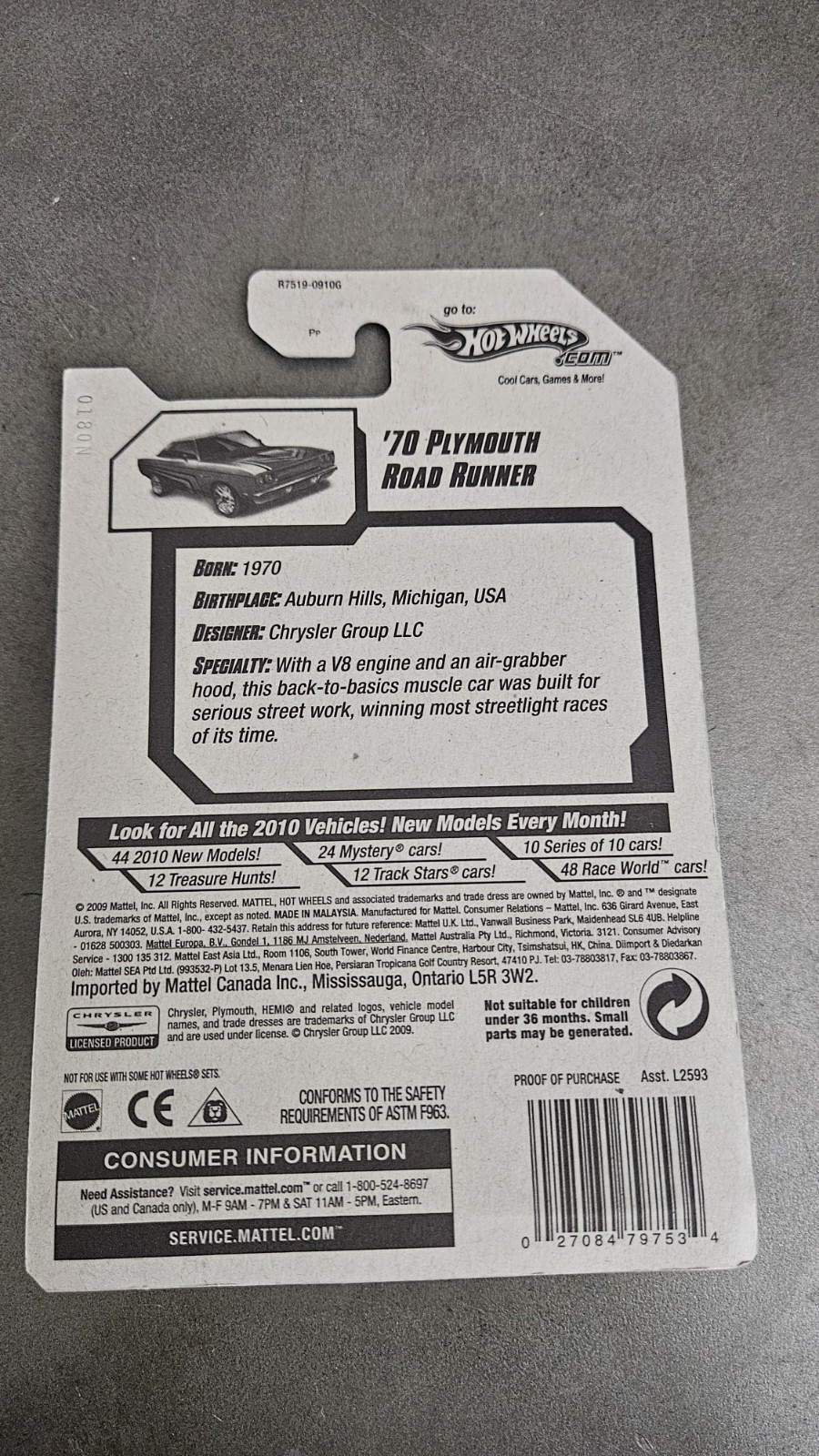 2010 Hot Wheels HW Nightburnerz 6/10 ‘70 Plymouth Road Runner #94 Silver/Black