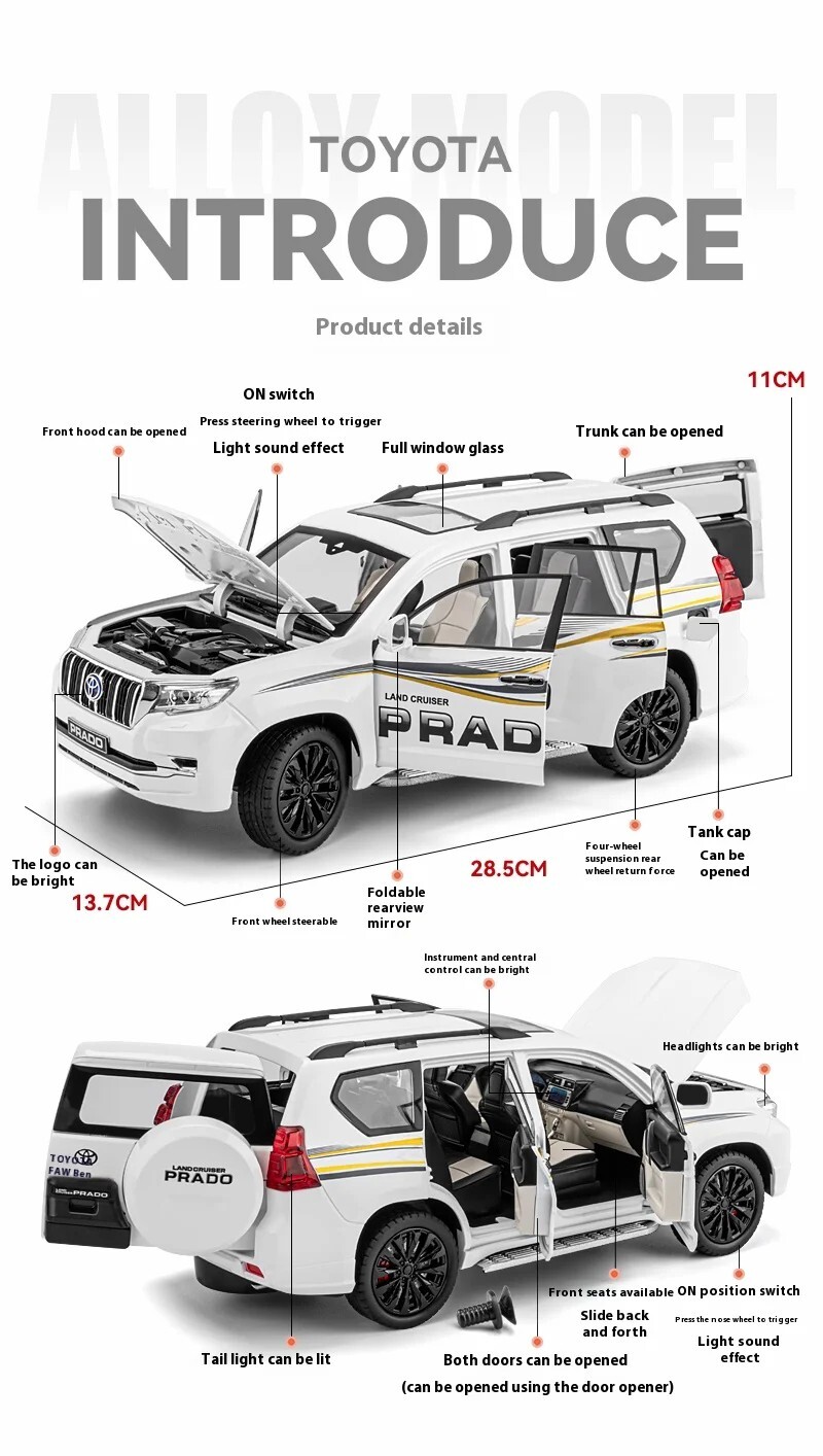 1/18 Toyota Land Cruiser Prado GX White Diecast Model Car Gifts For Friends