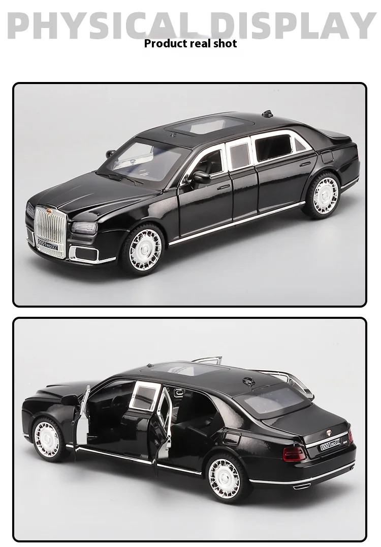 1:24 Aurus Senat Russia Limousine Alloy Diecast Car Model Sound Light Classic Co