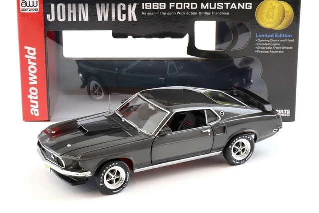1969 FORD MUSTANG DARK GRAY JOHN WICK 1/18 DIECAST AUTO WORLD AWSS145