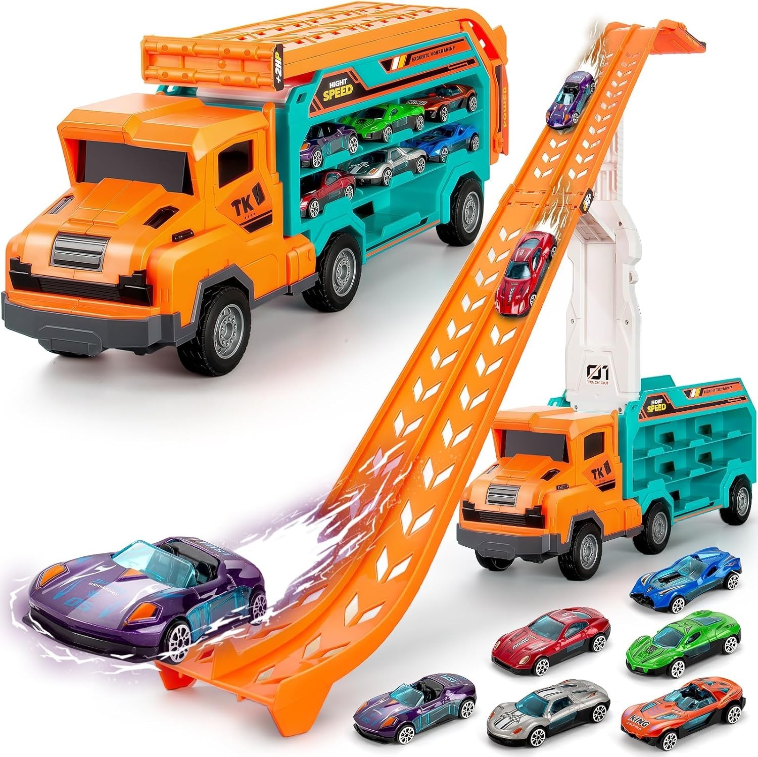 Carrier Truck Toys Race Track Transport Cars 2.8 Ft 6 Die-Cast Cars for Kids