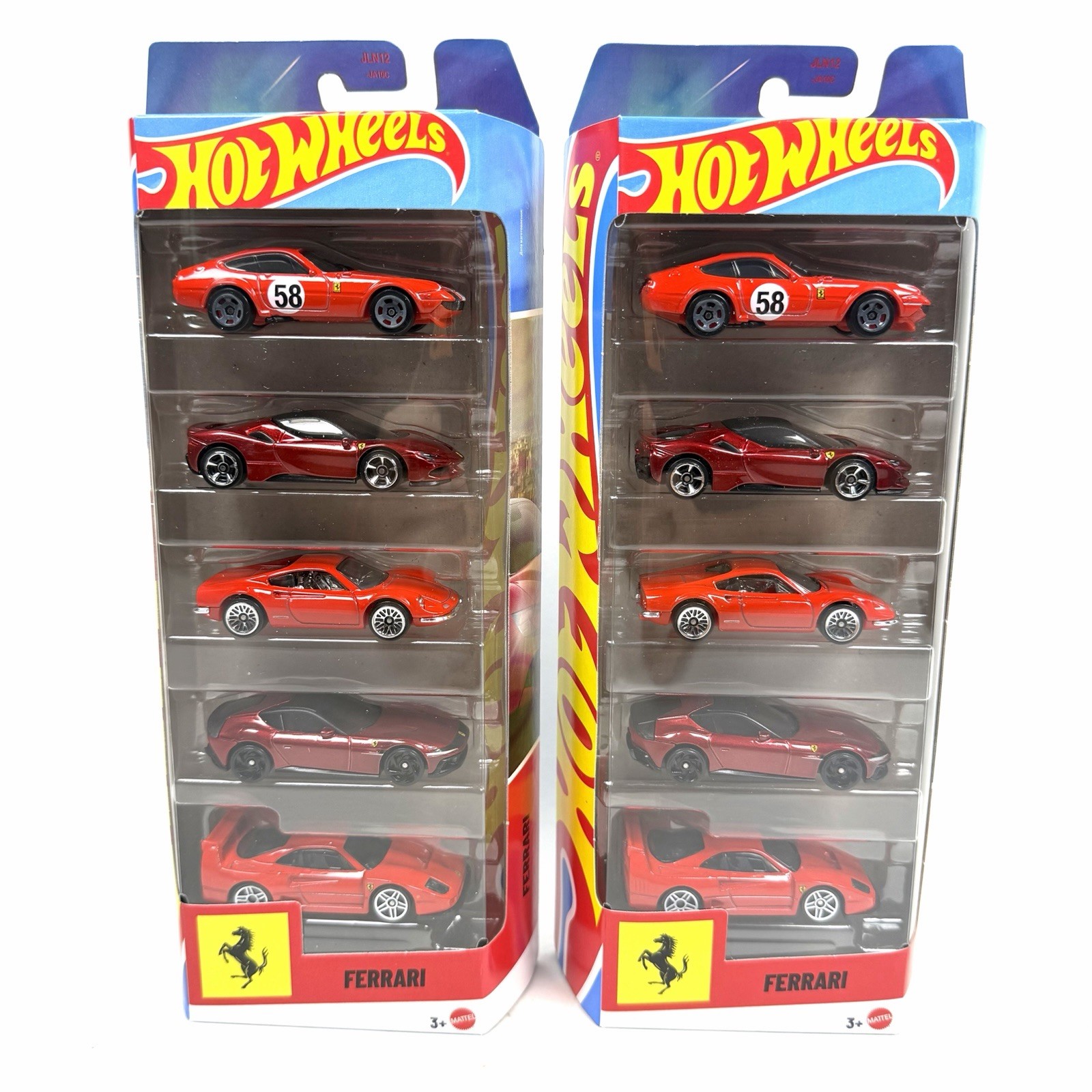 2026 2 Hot Wheels Ferrari 5-Pk New F40 SF90 12Cilindri 365 GTB4 Dino 206GT JLN12