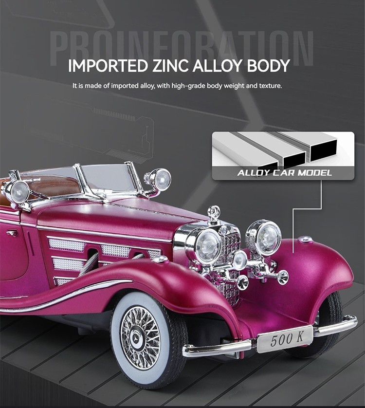 1:24 1936 Mercedes-Benz 500K Special Roadster Diecast Model Car Vintage Toy Gift