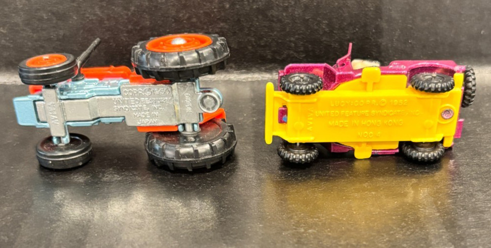 2 Aviva Diecast, 1 CHARLIE BROWN TRACTOR / 1 LUCY JEEP (Peanuts Gang)