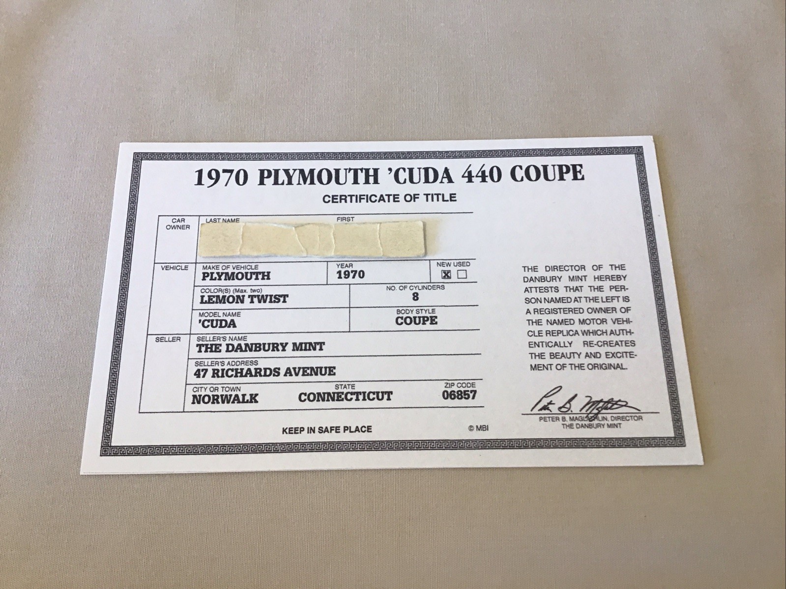Danbury Mint 1970 Plymouth Cuda 440 Coupe Rare Title Paperwork Only 1:24