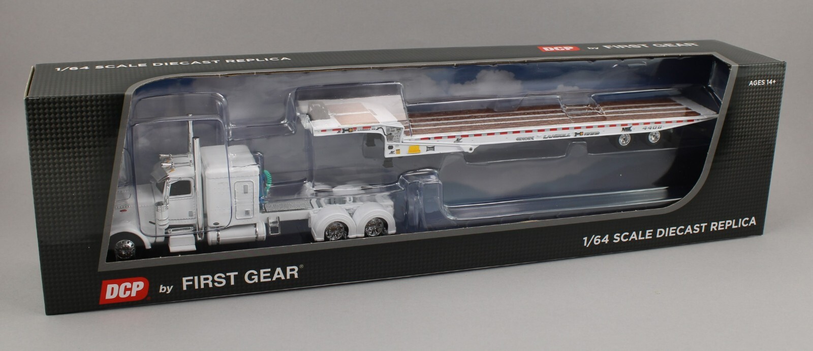 DCP 1:64 *WHITE* Peterbilt 389 63″ Flattop w/LANDOLL 440 Traveling Axle Trailer