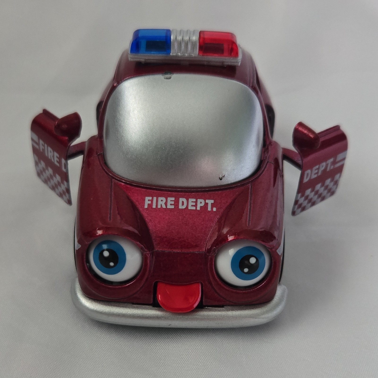 Fire Dept Diecast-Style Car Red/Silver w/ Light Bar, Opening Doors Moving Eyes