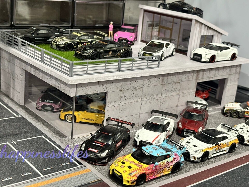 Diorama 1/64 Car Garage Model LED Sunroom Building Parking Lot Scene Model Gift
