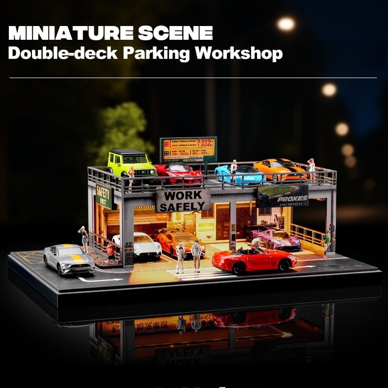 Diorama 1:64 Car Garage Model LED Lighting Repair Shop Building Scene Model Toy