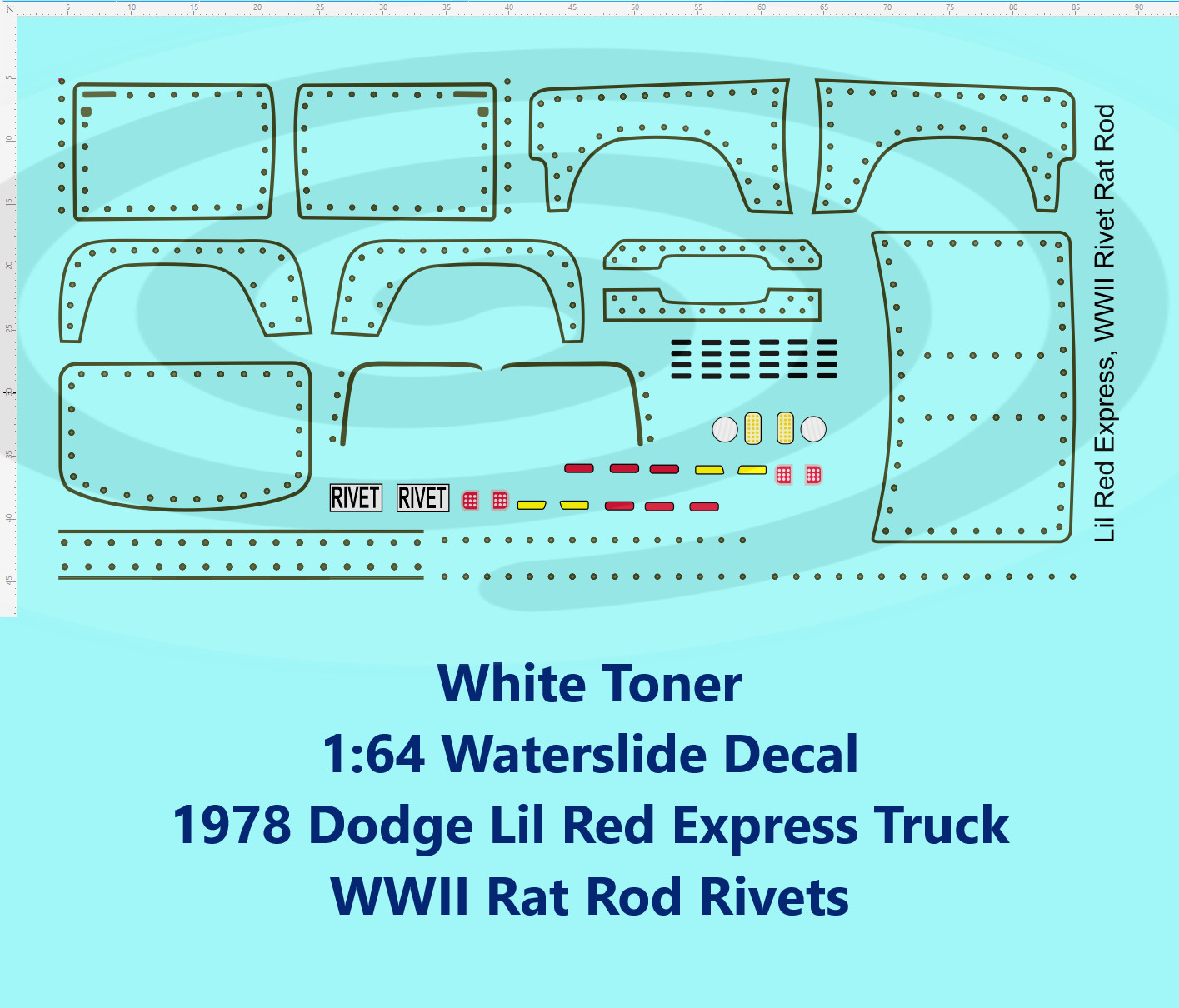 White Toner 1:64 Waterslide 1978 Dodge Lil Red Express Truck WWII Rat Rod Rivet