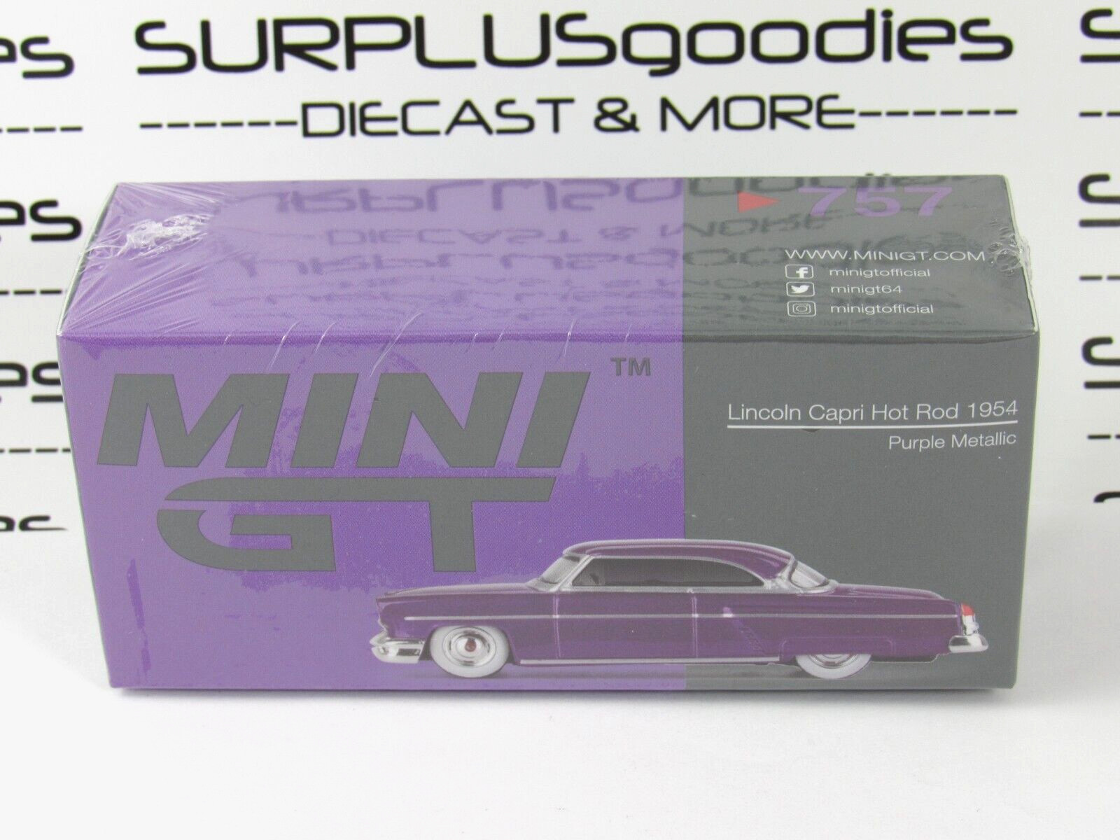 2024 Mini-GT Overseas Box Ed: Metallic Purple 1954 LINCOLN CAPRI Hot Rod #757