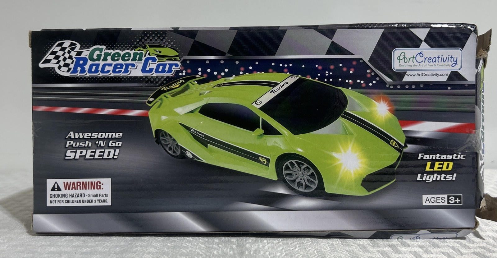 ART CREATIVITY GREEN RACER CAR PUSH N GO SPEED NEW IN DAMAGED BOX