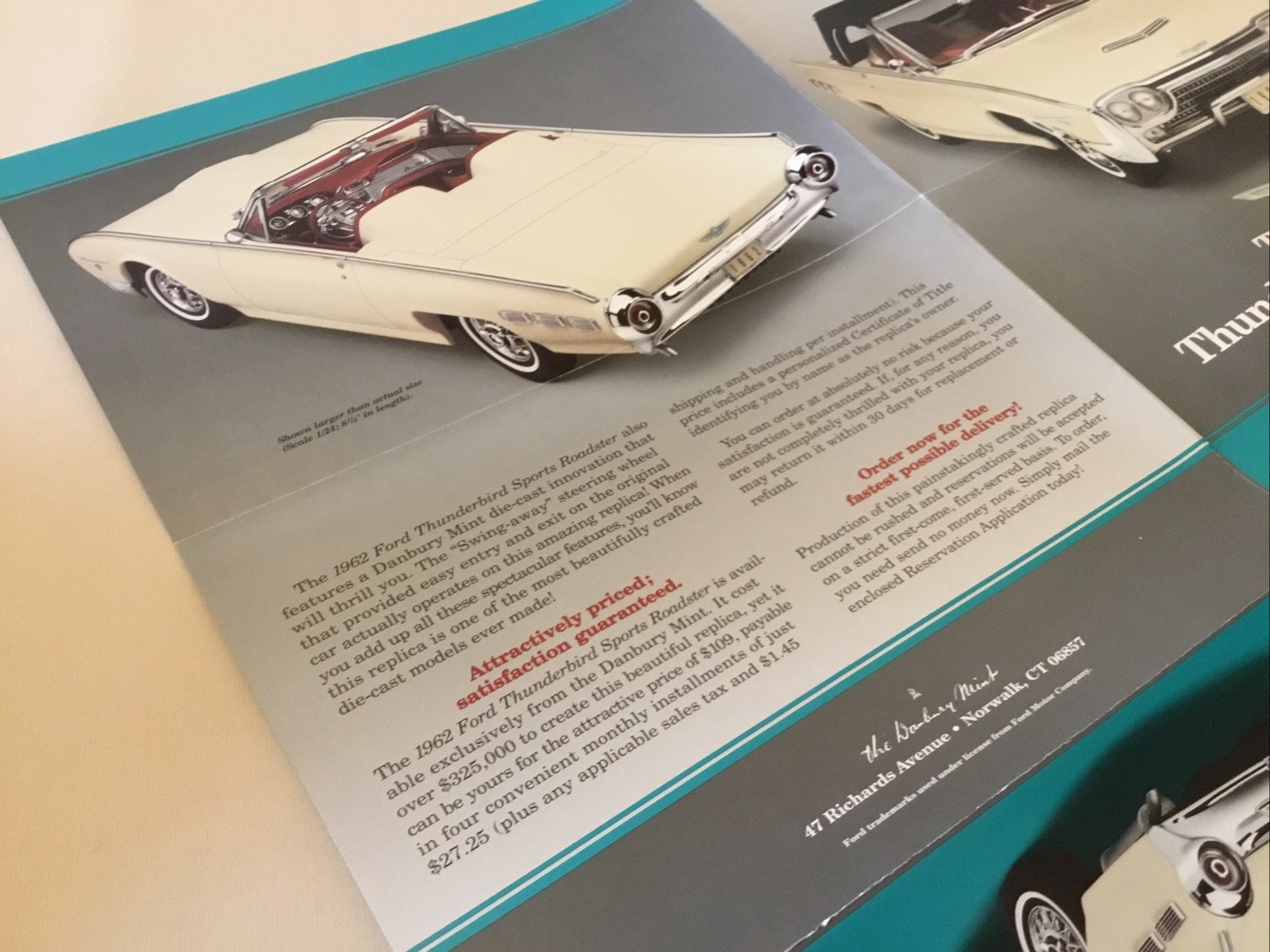 Danbury Mint 1962 Ford Thunderbird Sports Roadster Brochure Paperwork Only 1:24