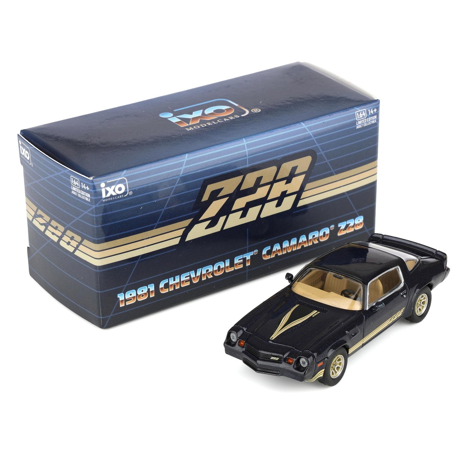 1/64 1981 Chevrolet Camaro Z28 Dark Blue Metallic with Gold Striping by IXO Amer