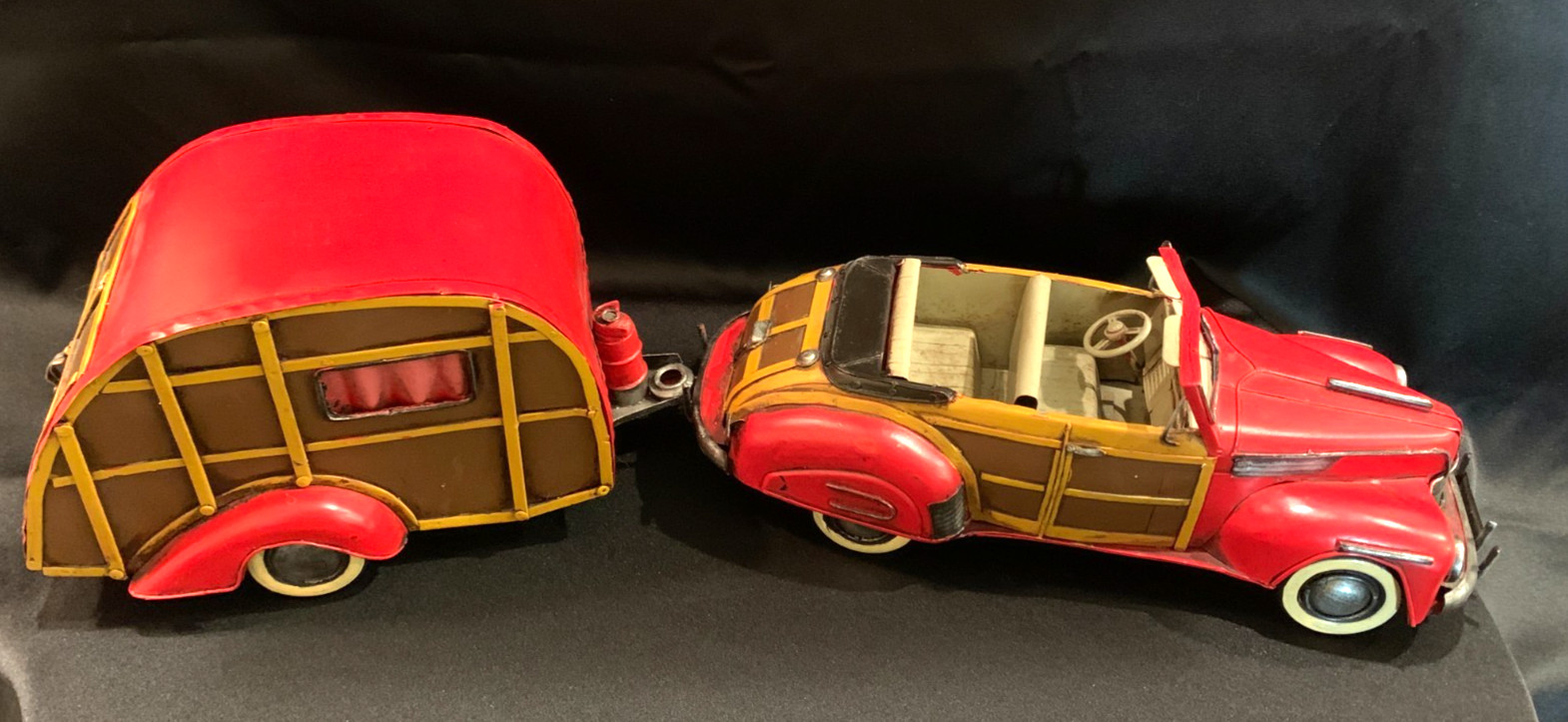 1940’s Woody Convertible w/Trailer Camper Display Tin Toy | Antiqued | New/Box