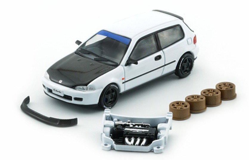 BM Creations Honda Civic EG6 – RHD – White Carbon Bonnet 1:64 Car 64B0484