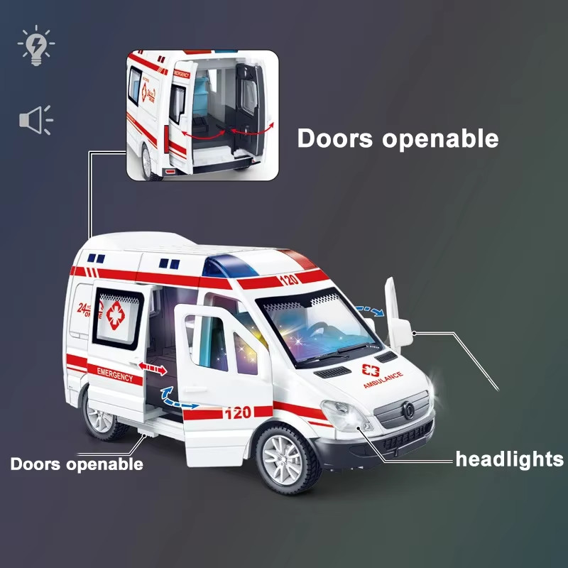 Diecast Mini Emergency Vehicle Model Sound Light Police Fire Ambulance Toy Gift