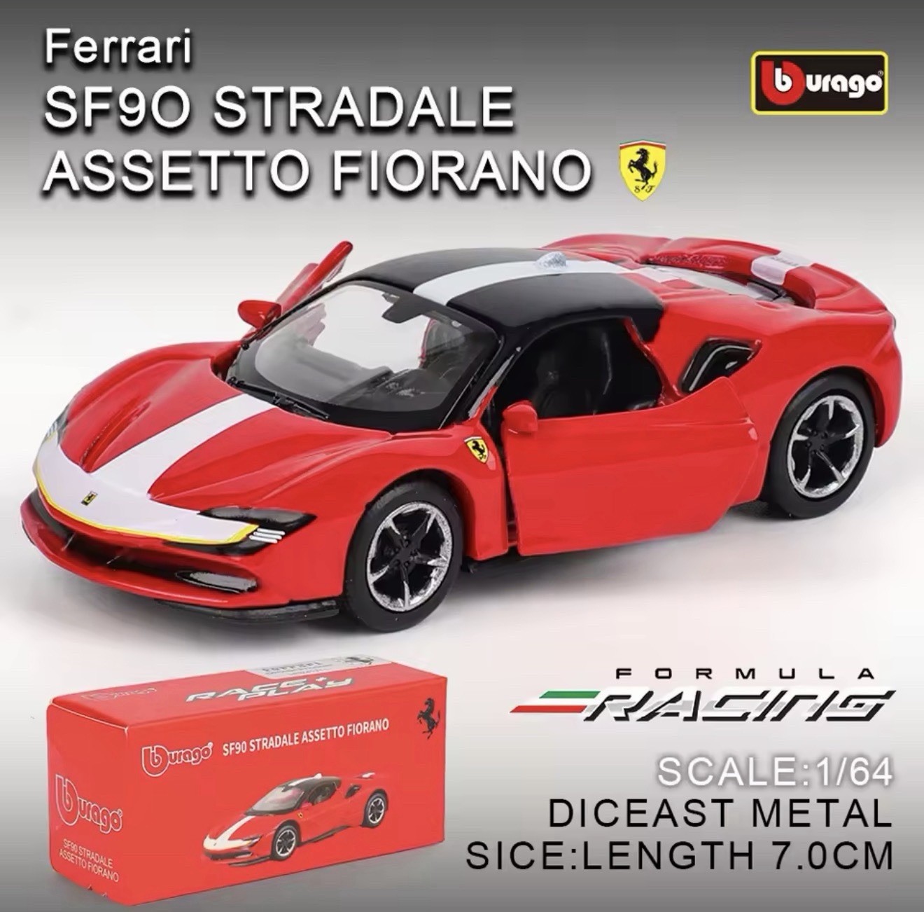 Bburago 1/64 Ferrari SF90 Stradale Assetto Fiorano Diecast Red Race & Play New