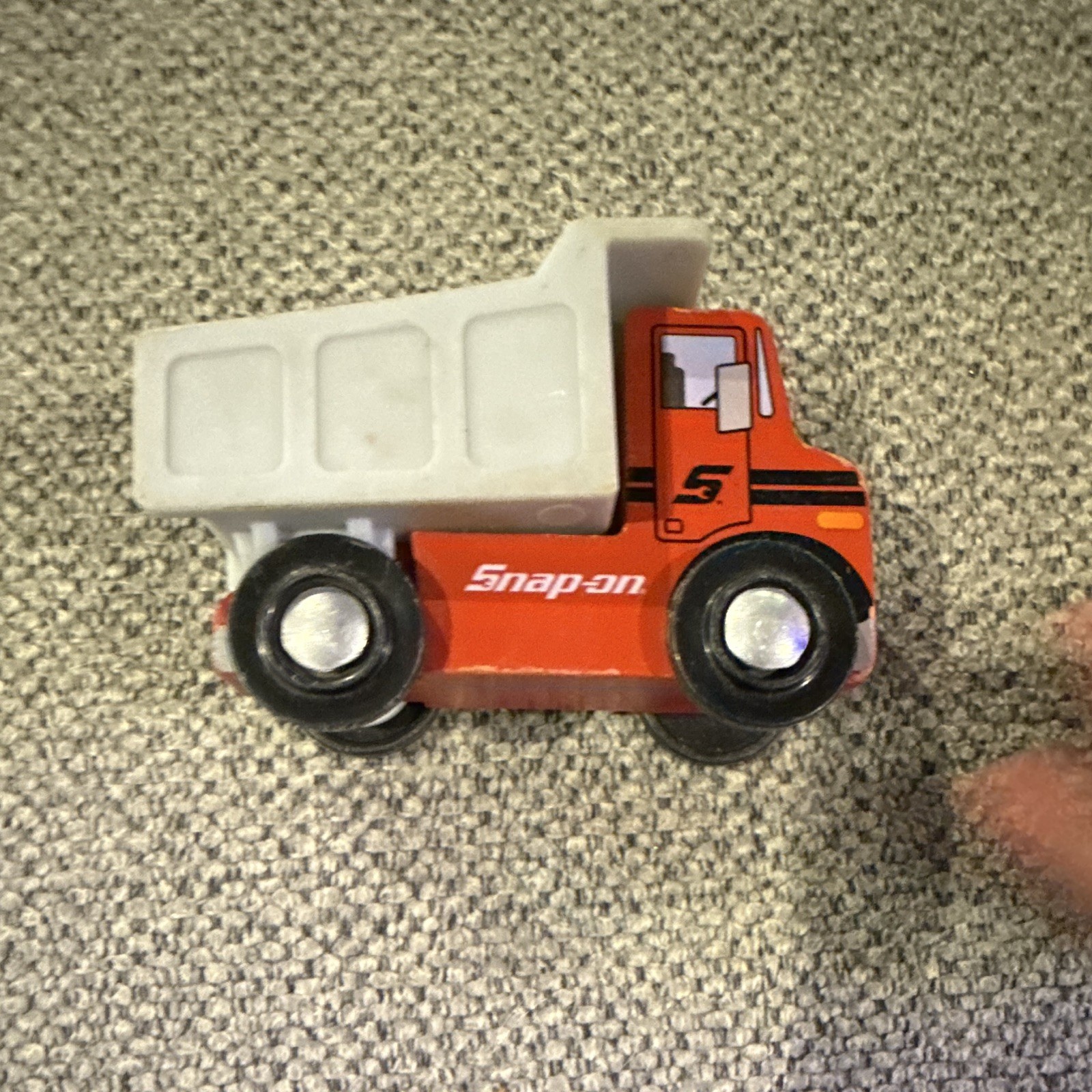 Snap-on Red Wooden dump truck with a Gray plastic dump bed.