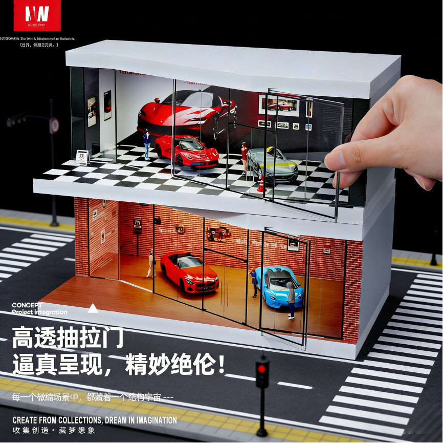 US 1/64 Garage Diorama Model LED Light City Parking Scene Diecast Car Display