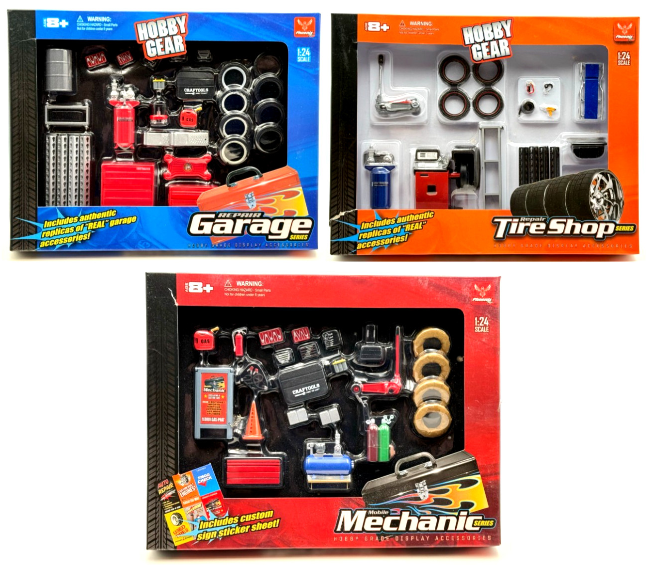 Hobby Gear Display Accessories Bundle: Mechanic, Garage, TireShop Sets
