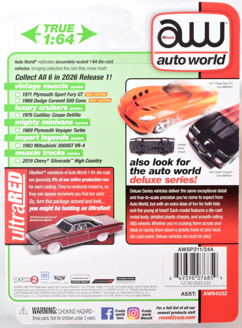 Auto World Vintage Muscle Amber Sherwood Poly 1971 Plymouth Sport Fury GT 1:64