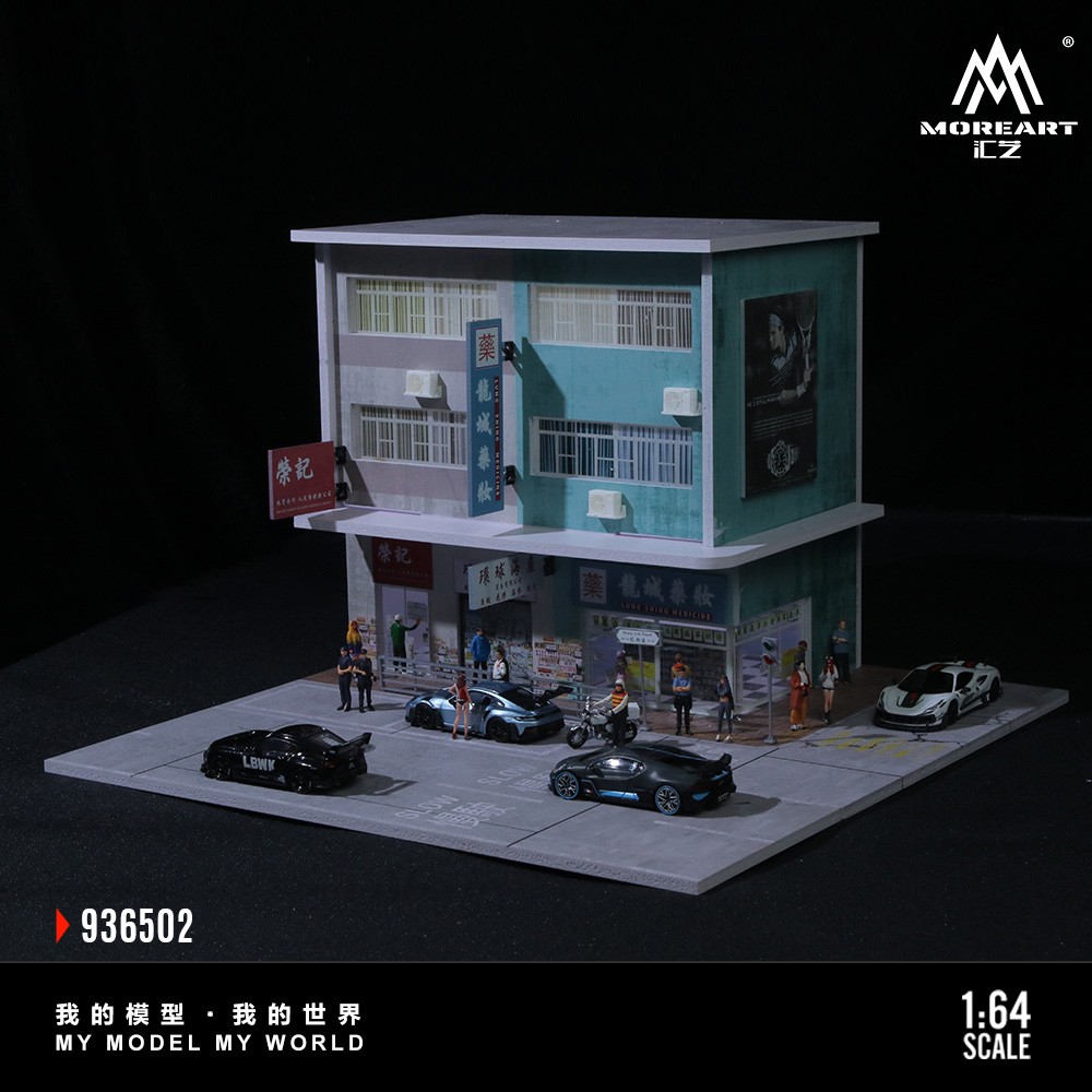 1:64 Scale Diorama Garage Model City LED Lighting Hong Kong Street Buildings