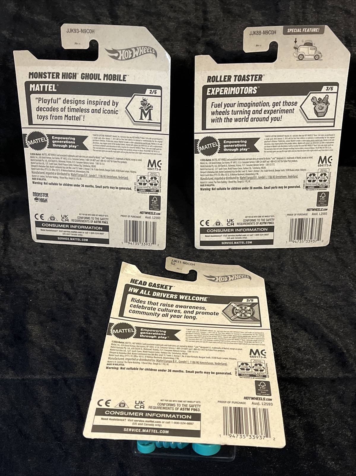Hot Wheels – Lot Of 3 NIP Pink Roller Toaster, Pink Monster High, Head Gasket