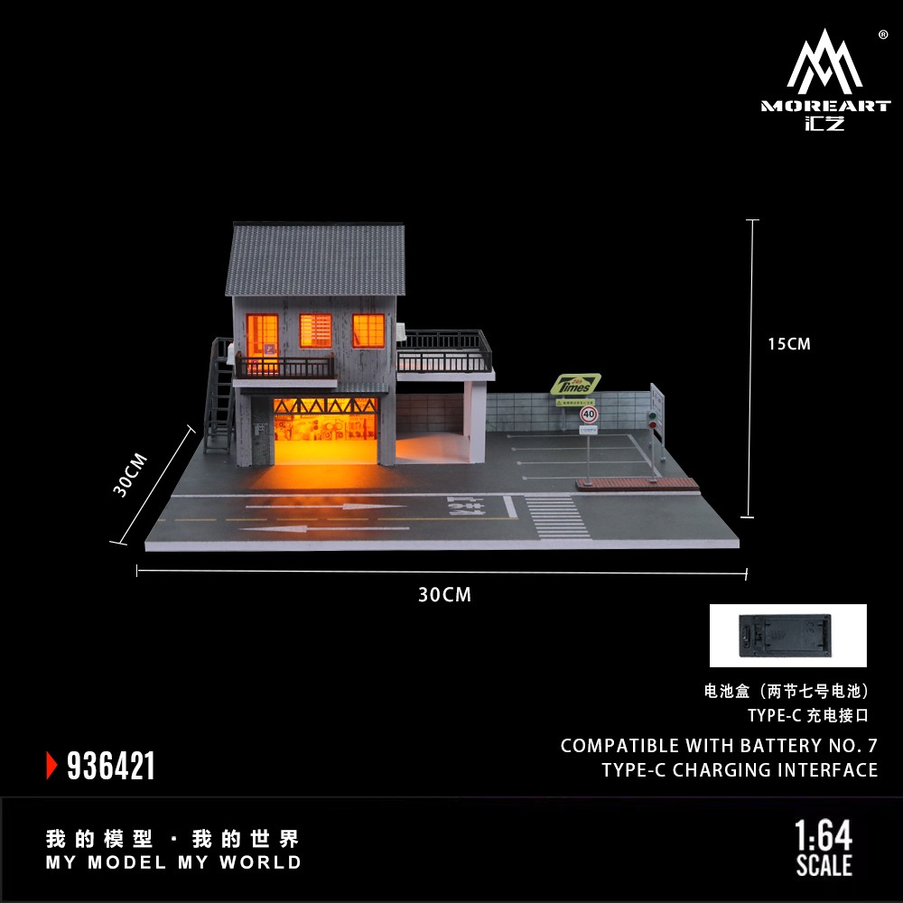1/64 Diorama Garage Scene Building LED Light Display Parking Lot scene Model US