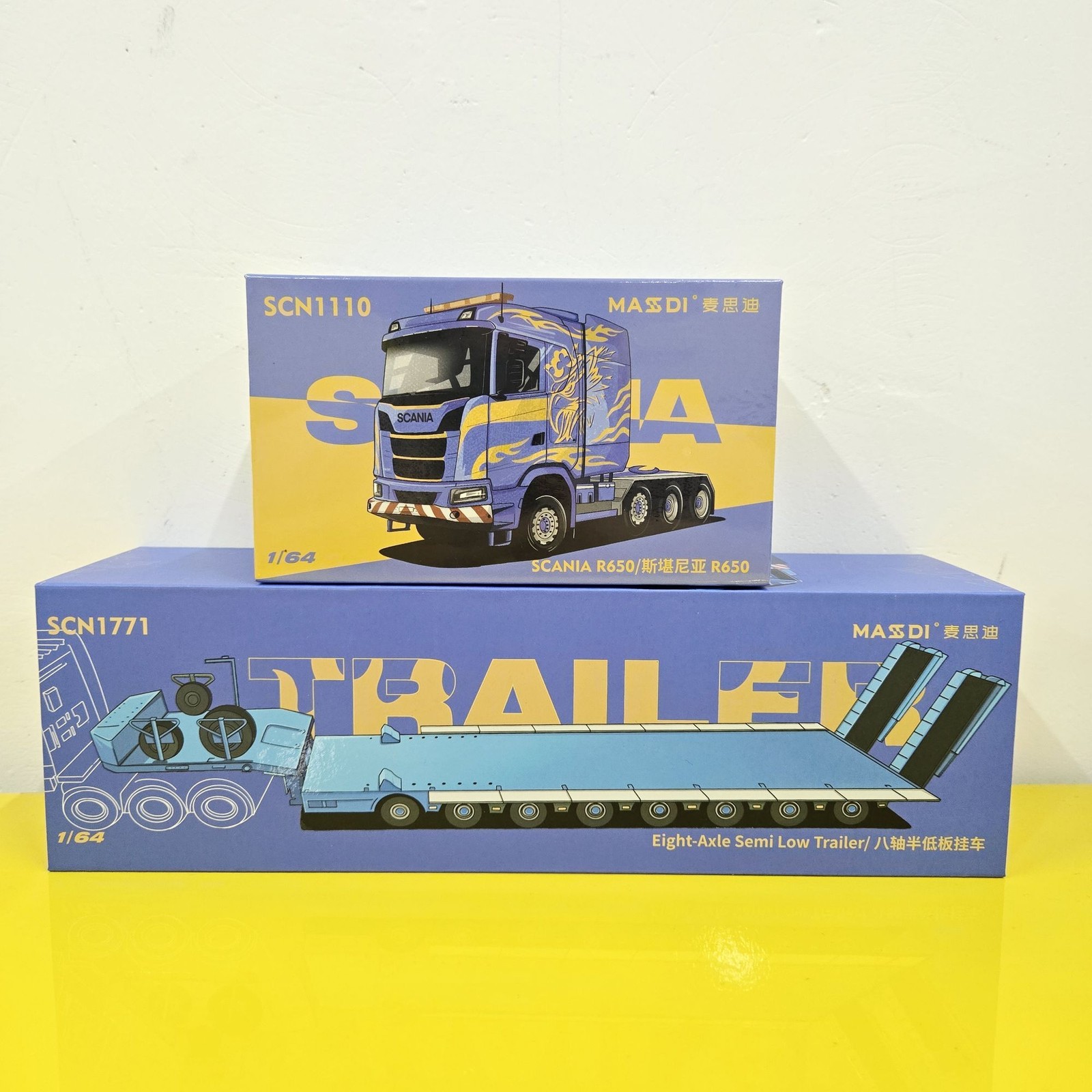 MASDI 1:64 Scania R650 Tractor 8-Axle Lowboy Trailer Truck Combo Variations