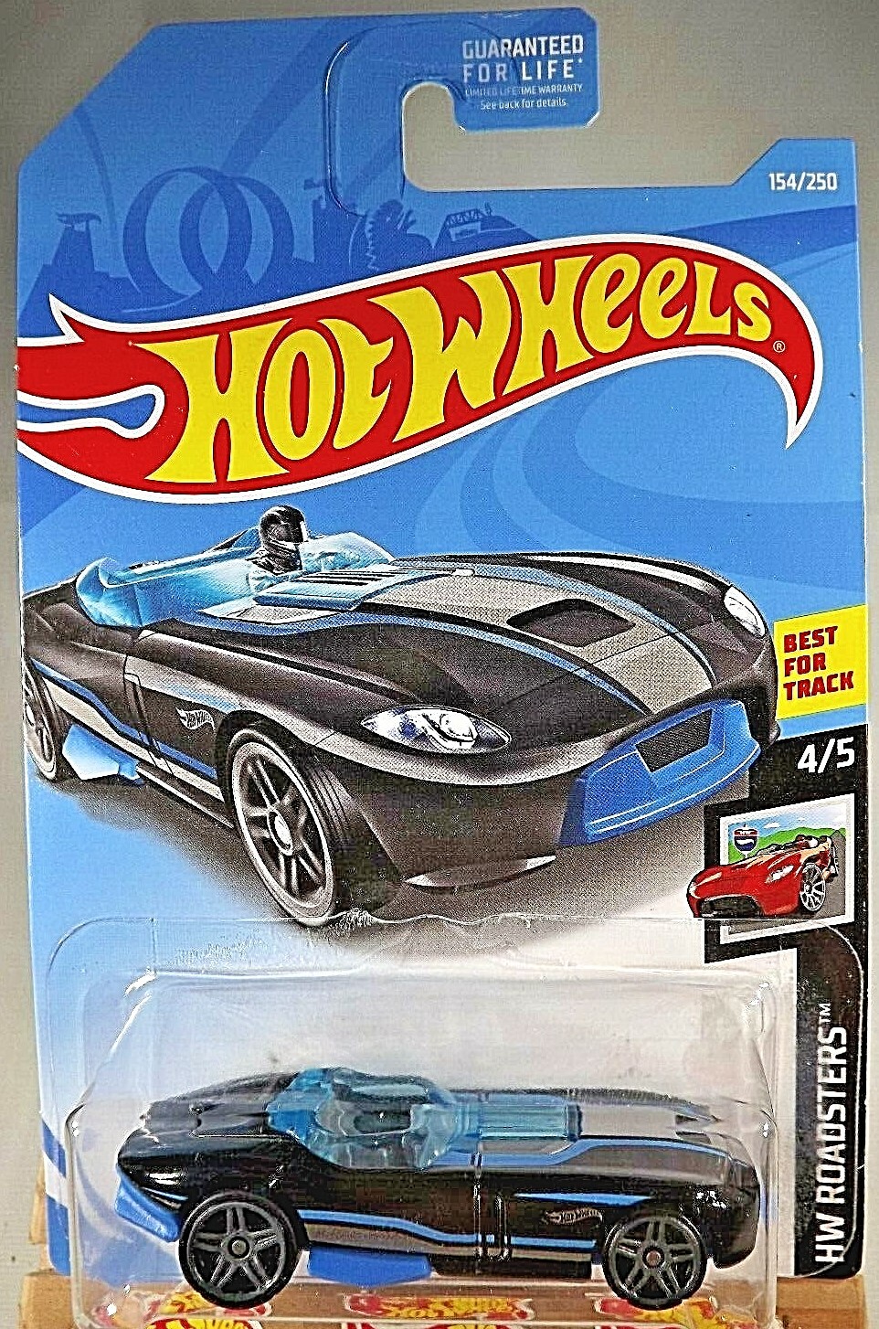 2019 Hot Wheels #154 HW Roadsters 4/5 RRROADSTER Black-Blue w/Gray Pr5 Spokes