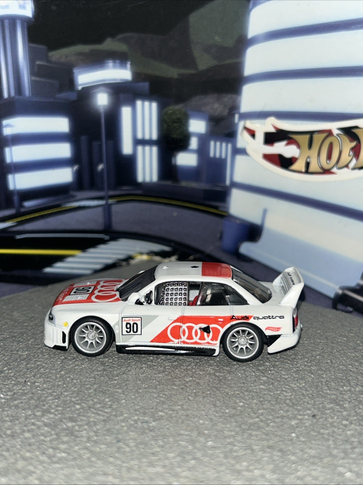 Hot Wheels Silver series Audi 90 Quattro white modified into negative camber