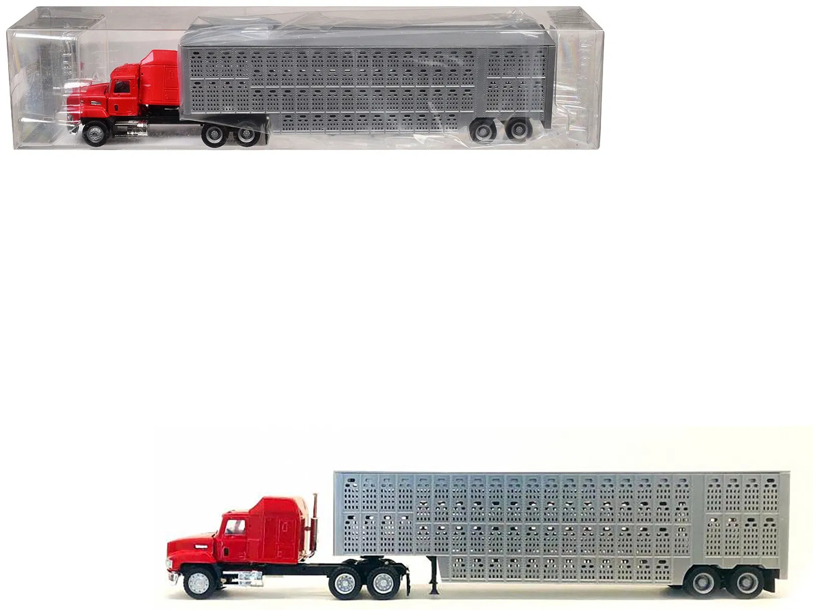 Mack CH 613 with Sleeper Cab Red with Silver Livestock Trailer 1/87 (HO) Plastic