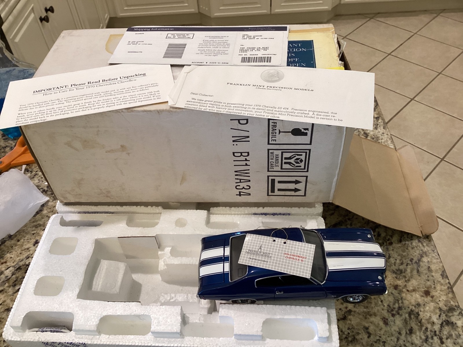 1/24 Franklin MINT 1970 Chevrolet Chevelle SS454 Blue w/White Stripes – B11WA34