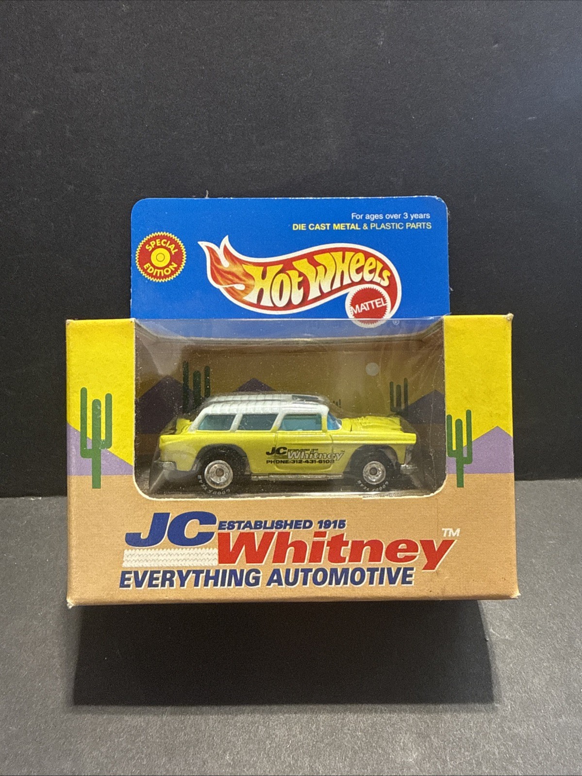 Hot Wheels JC Whitney Yellow 1955 Chevy Classic Nomad w/ Real Riders MIMB