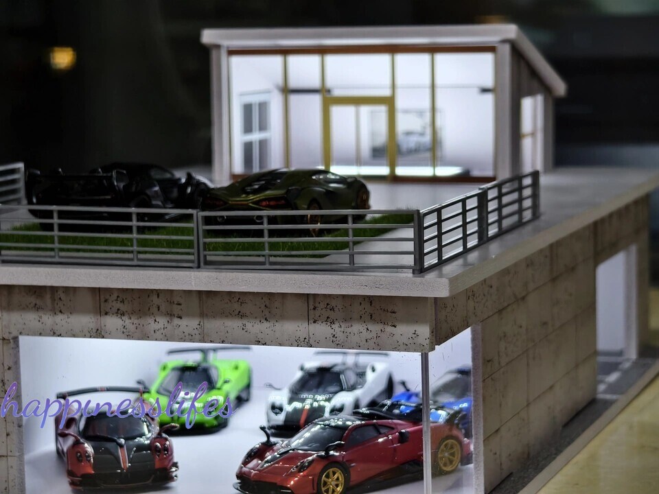 Diorama 1/64 Car Garage Model LED Sunroom Building Parking Lot Scene Model Gift