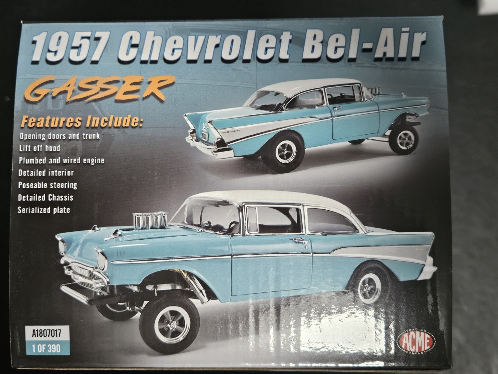 ACME 1:18 SCALE DIECAST 1957 CHEVROLET BEL-AIR GASSER IN LARKSPUR BLUE. NEW!!