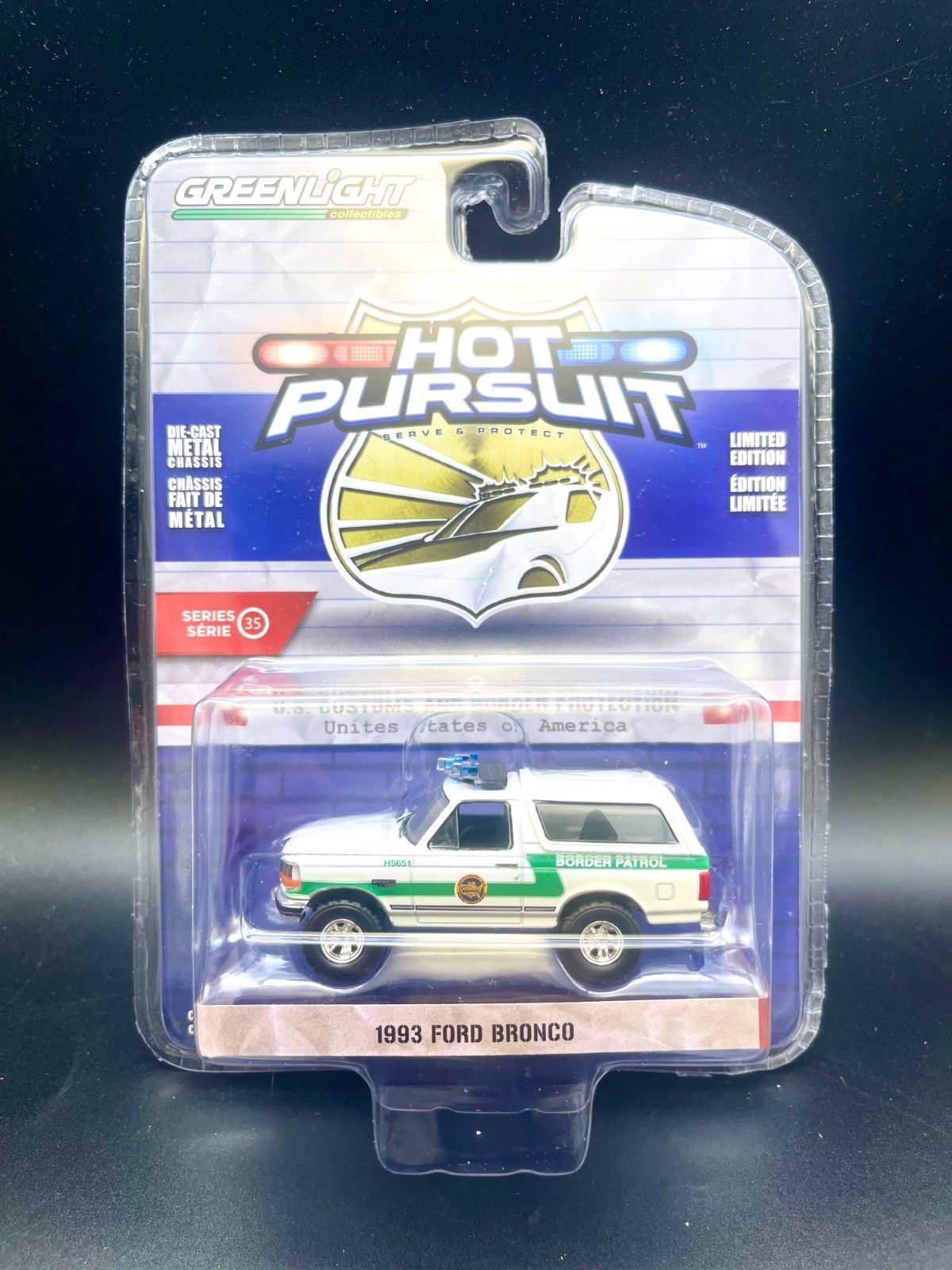 Greenlight Hot Pursuit 35 US Customs & Border Patrol 1993 Ford Bronco 4×4 D3