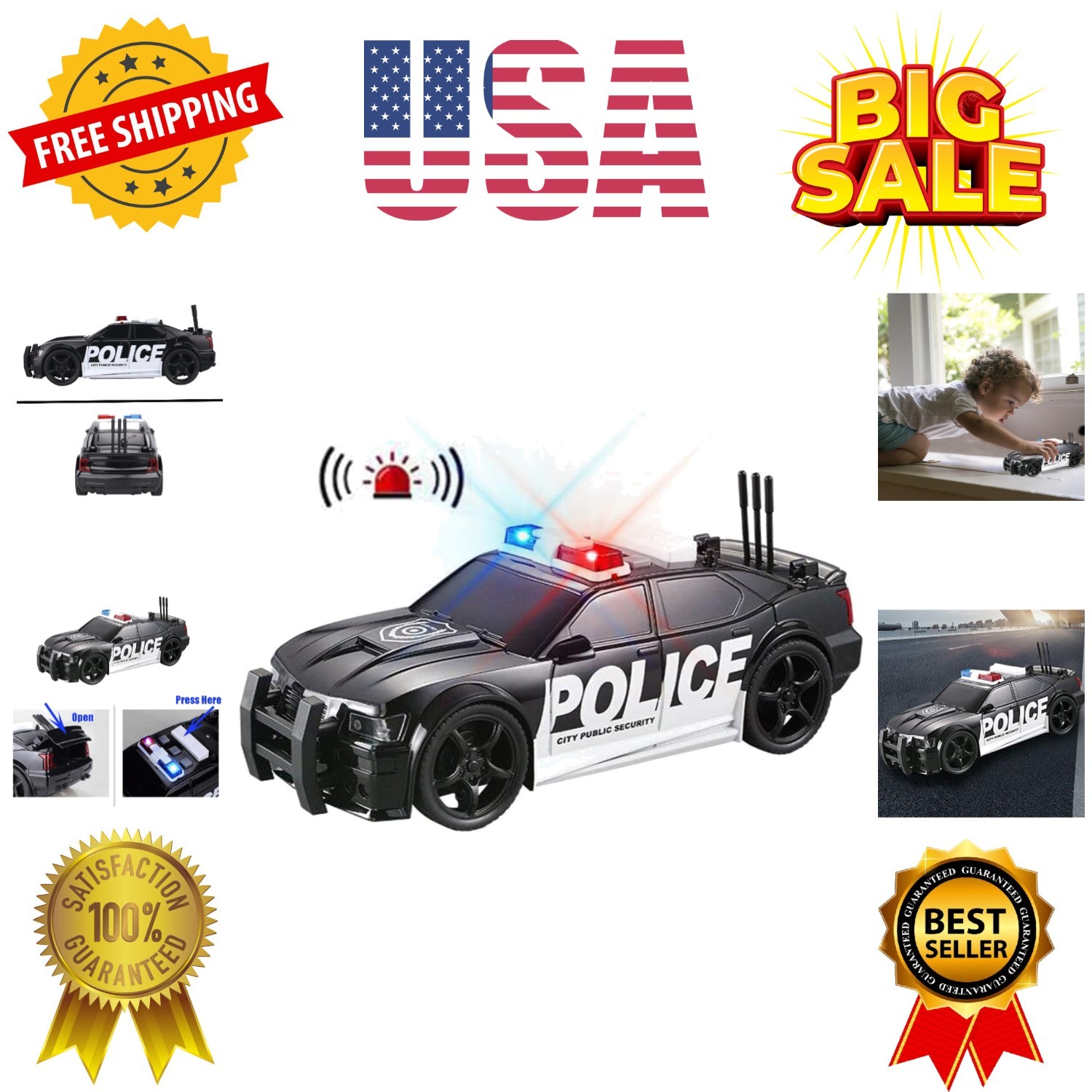 Police Car Toy Plastic Pursuit Rescue Vehicle with Sirnes Sound and Light for…