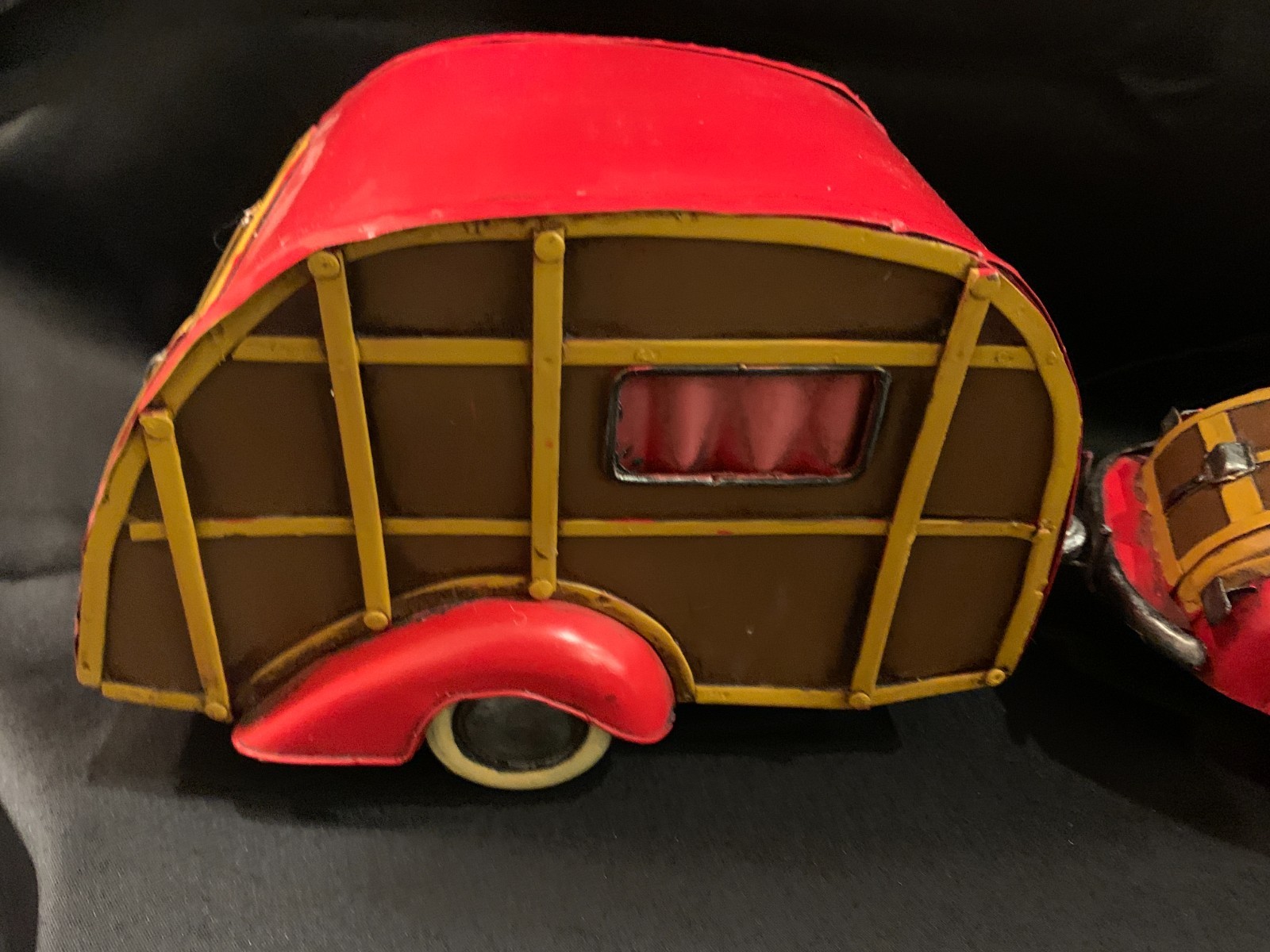 1940’s Woody Convertible w/Trailer Camper Display Tin Toy | Antiqued | New/Box