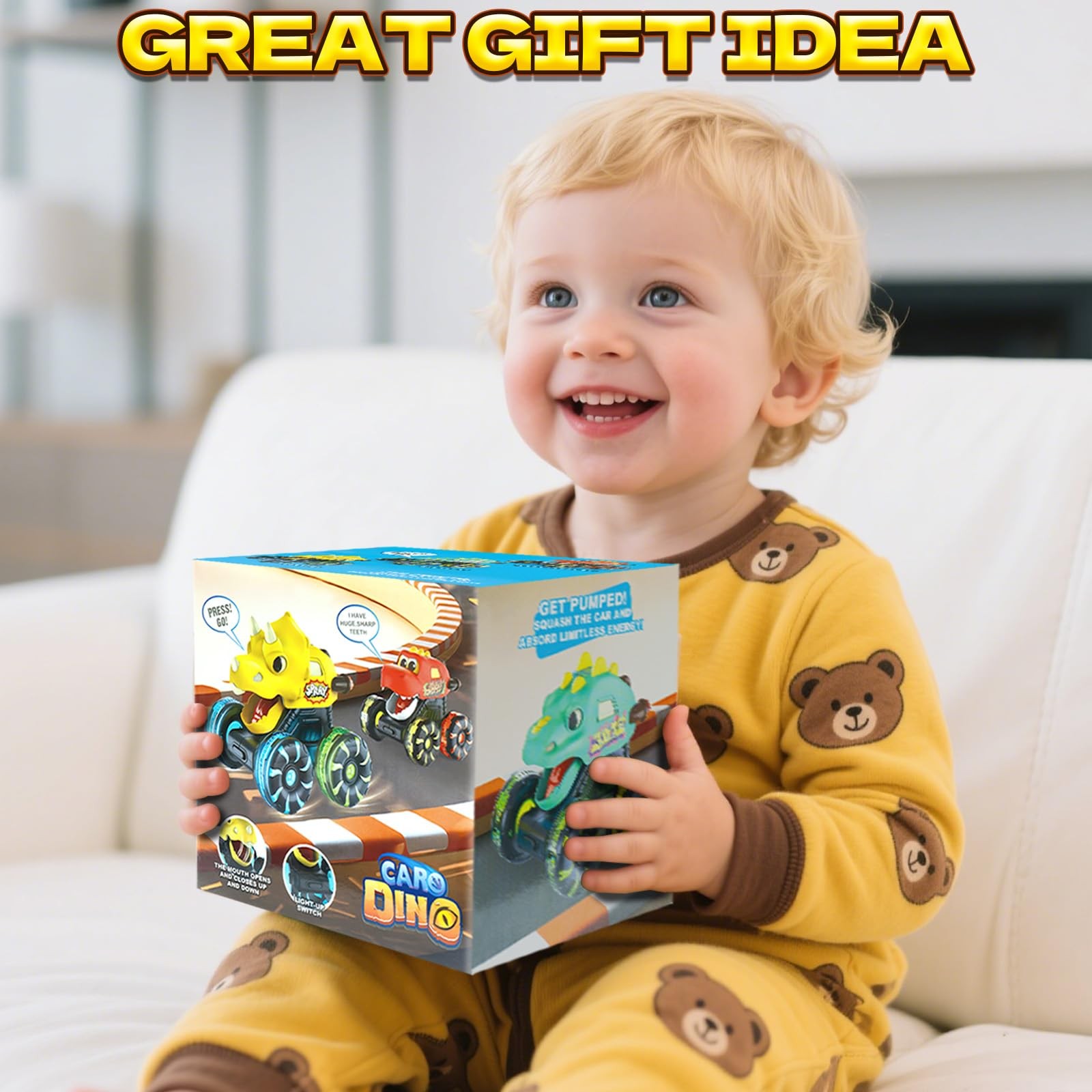 Green Dino Monster Truck – Light-Up Press and Go Car for Toddlers Age 2 3 4 5…