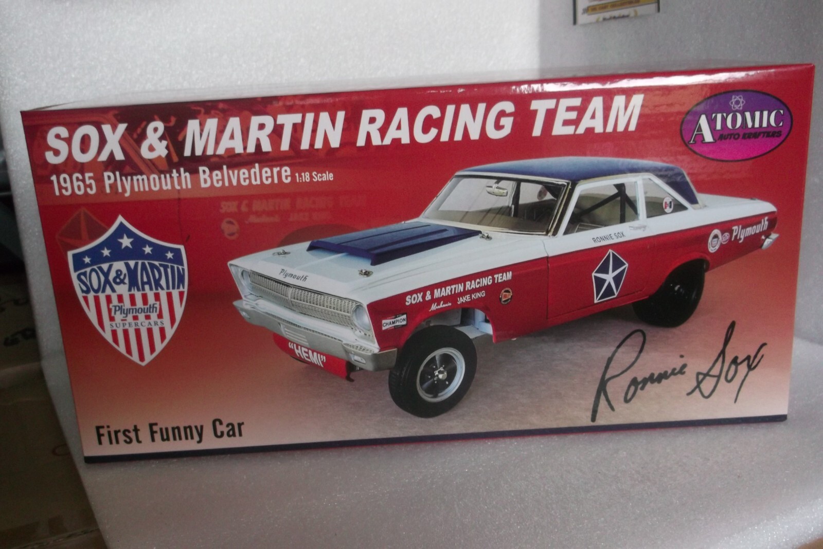 SOX MARTIN 1965 AWB PLYMOUTH BELVEDERE HEMI 1:18 HNRA DRAG RACE CAR ATOMIC ACME
