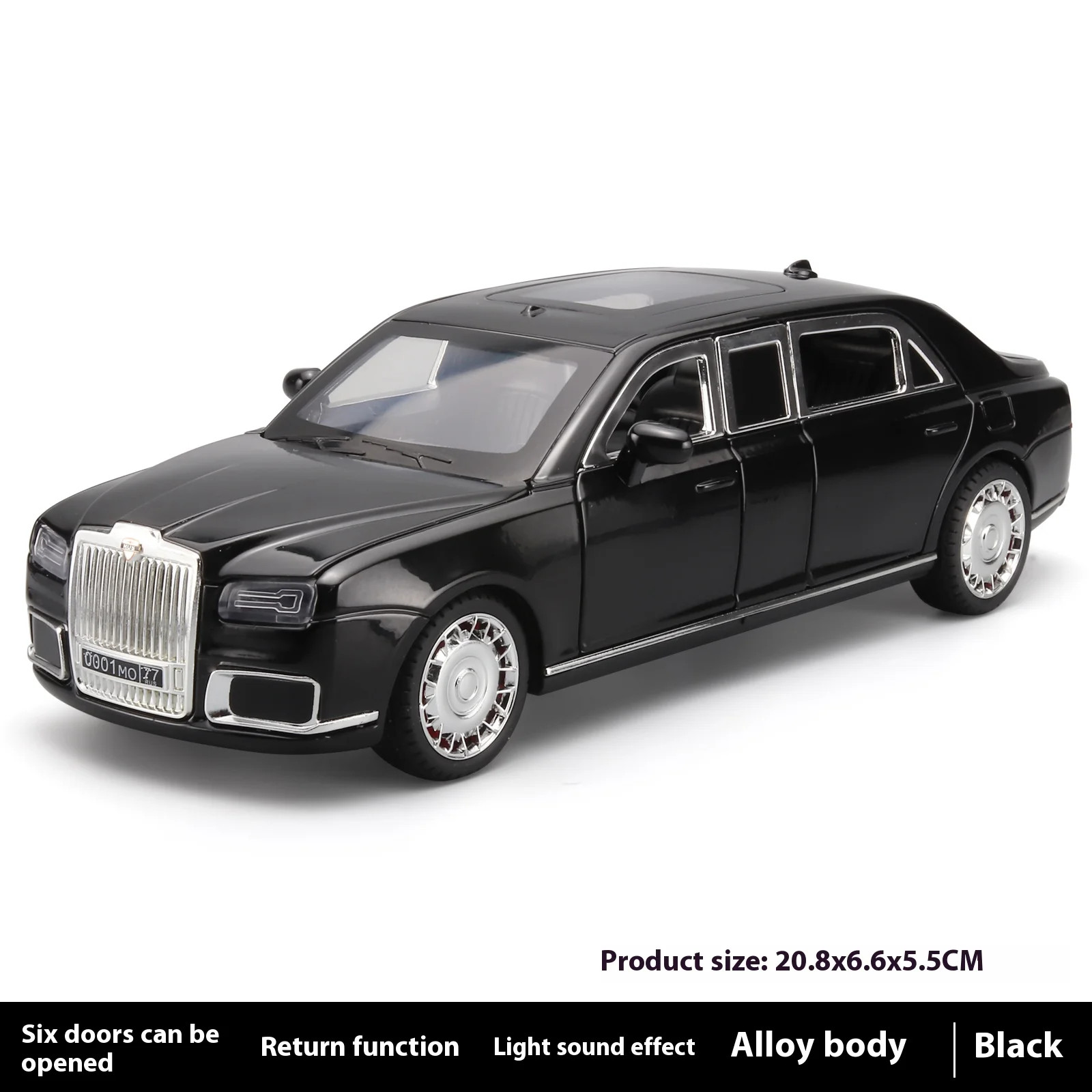 1:24 Aurus Senat Russia Limousine Alloy Diecast Car Model Sound Light Classic Co