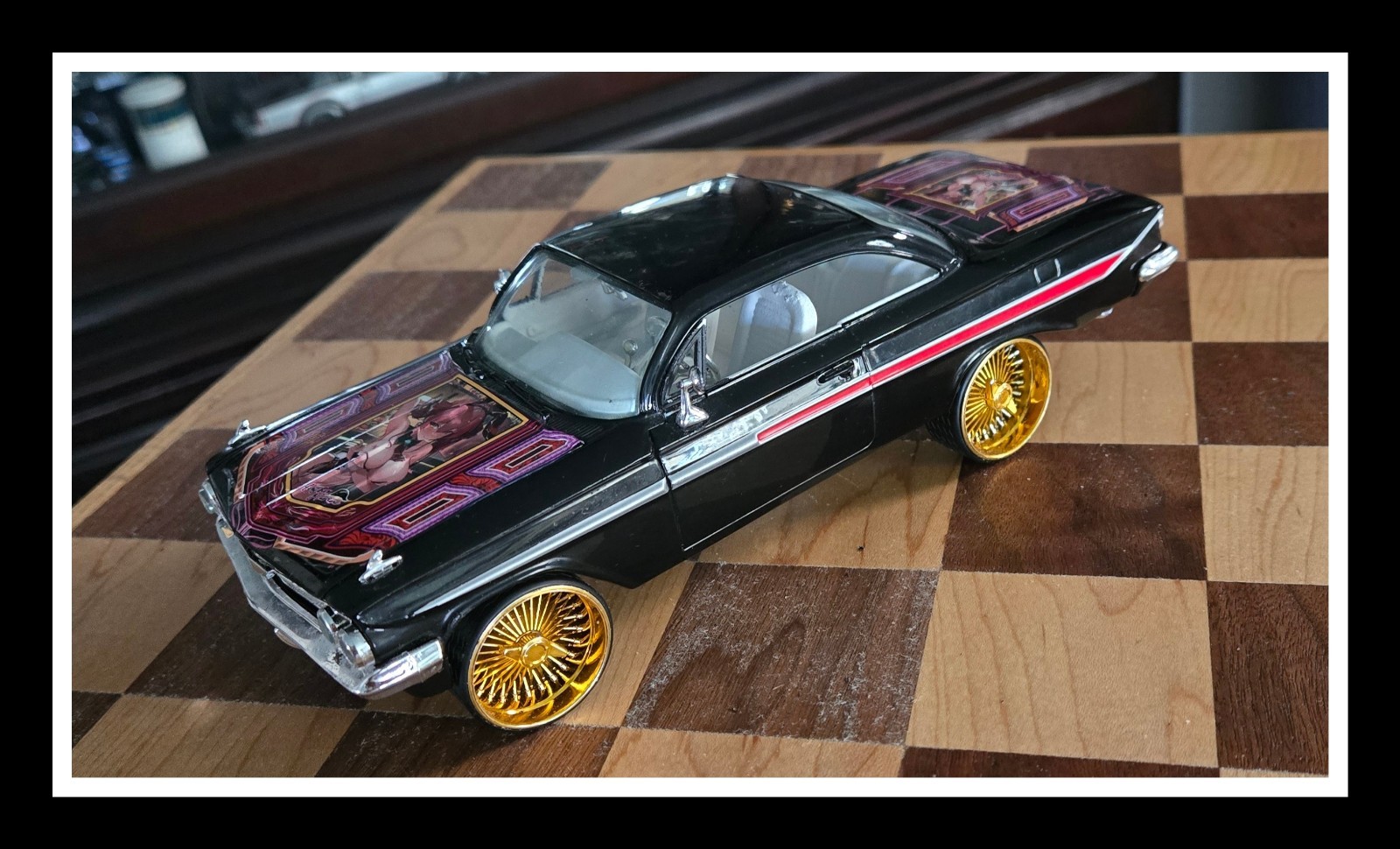 Custom Chevrolet Black Diecast Car Gold Wheels Opening Doors & Hood