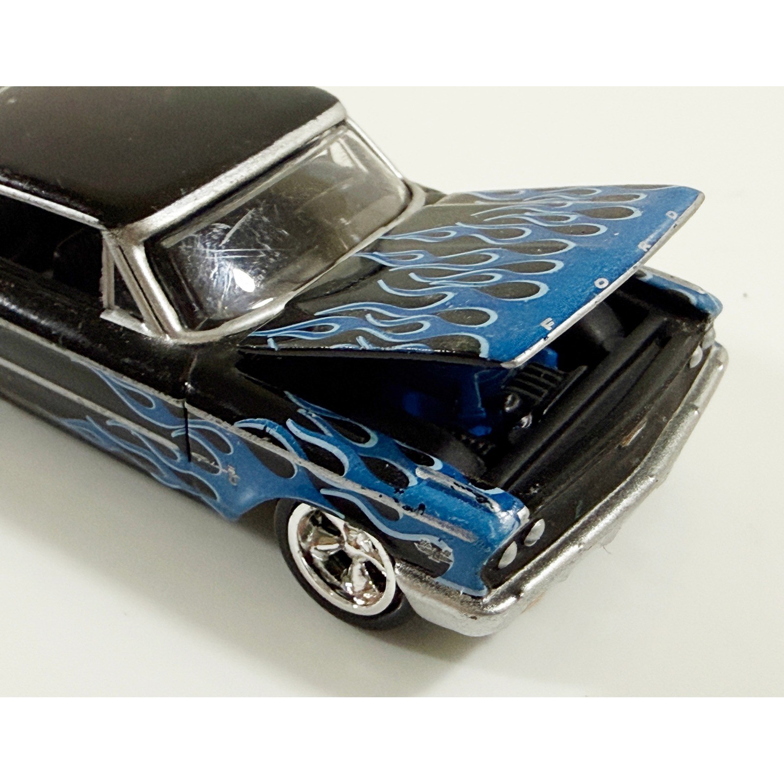 Ford Galaxie 500 Diecast Car Kids 1:64 Black Blue Flames Opening Hood Hot Wheels