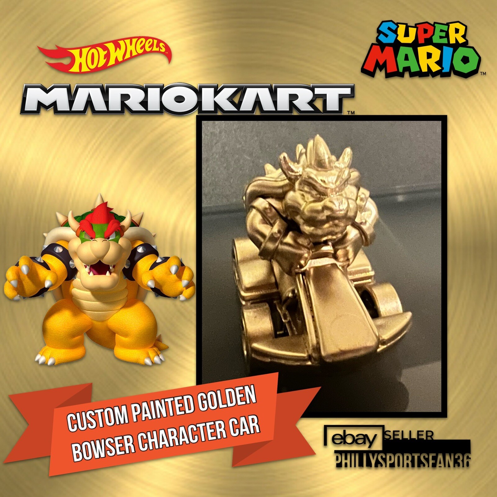 BOWSER STANDARD KART Hot Wheels Mario Kart 2022 TOTY Mattel Custom GOLD PAINTED