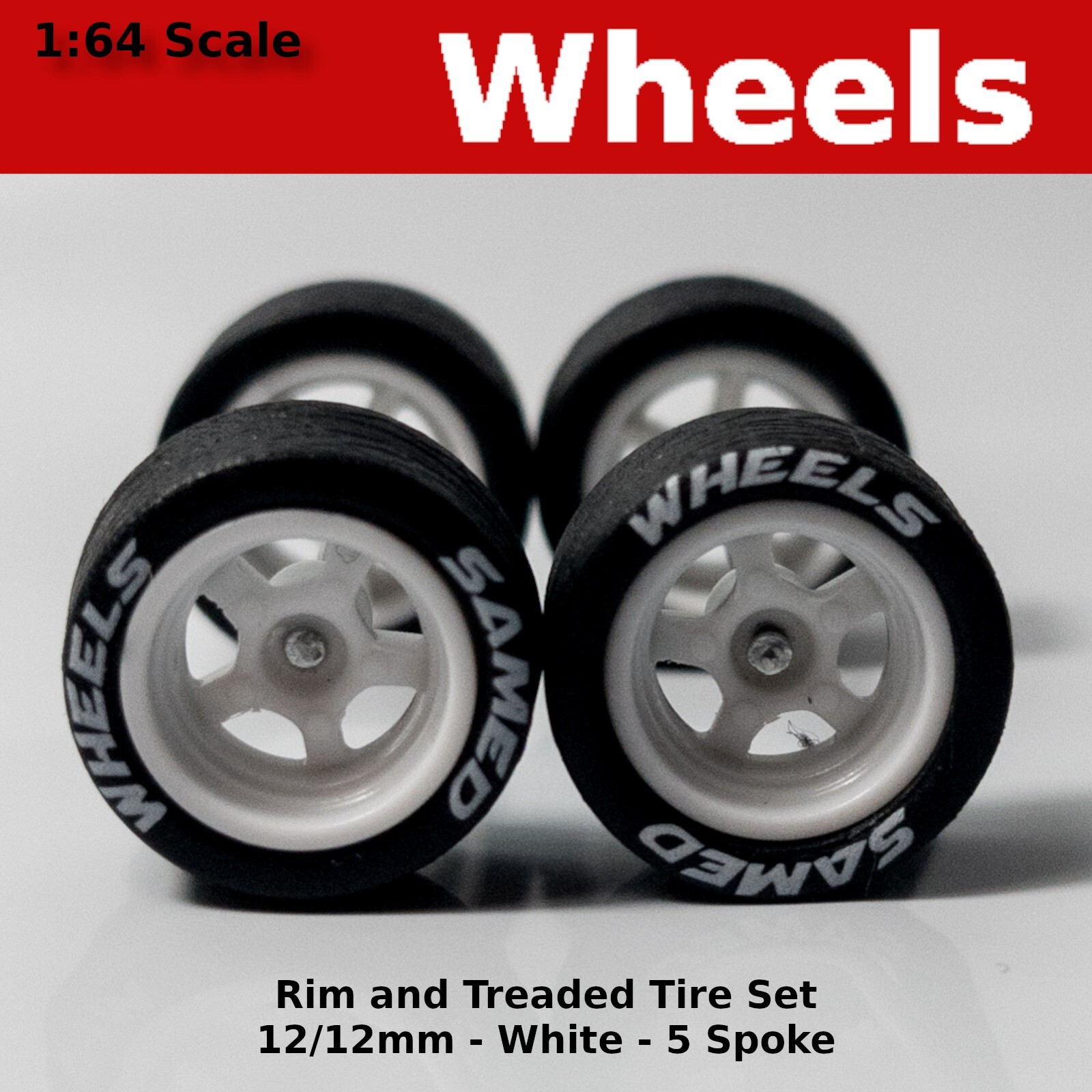 White 12mm Lettered 5 spoke wheels – 12/12mm for Hot Wheels