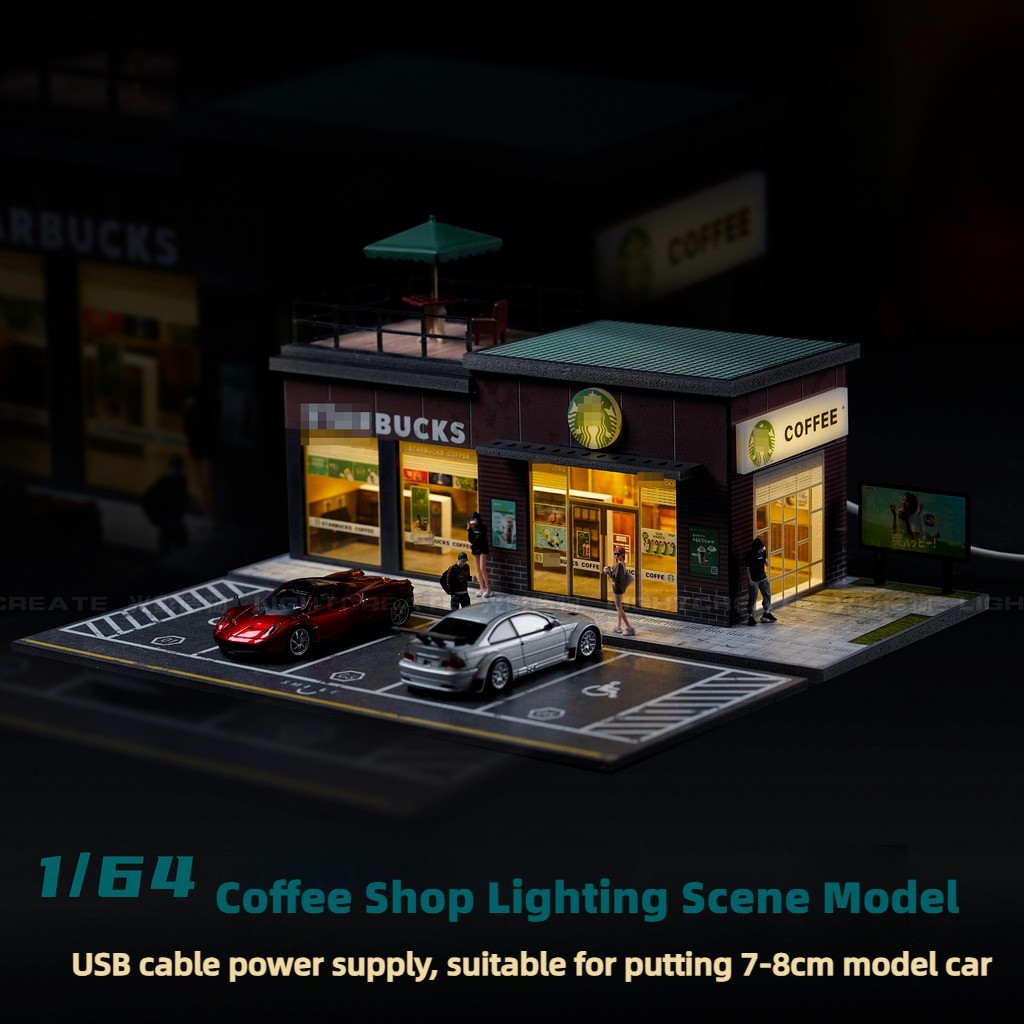 Diorama 1/64 Car Garage Model LED Lights Parking Lots Buildings Scene Case Gifts