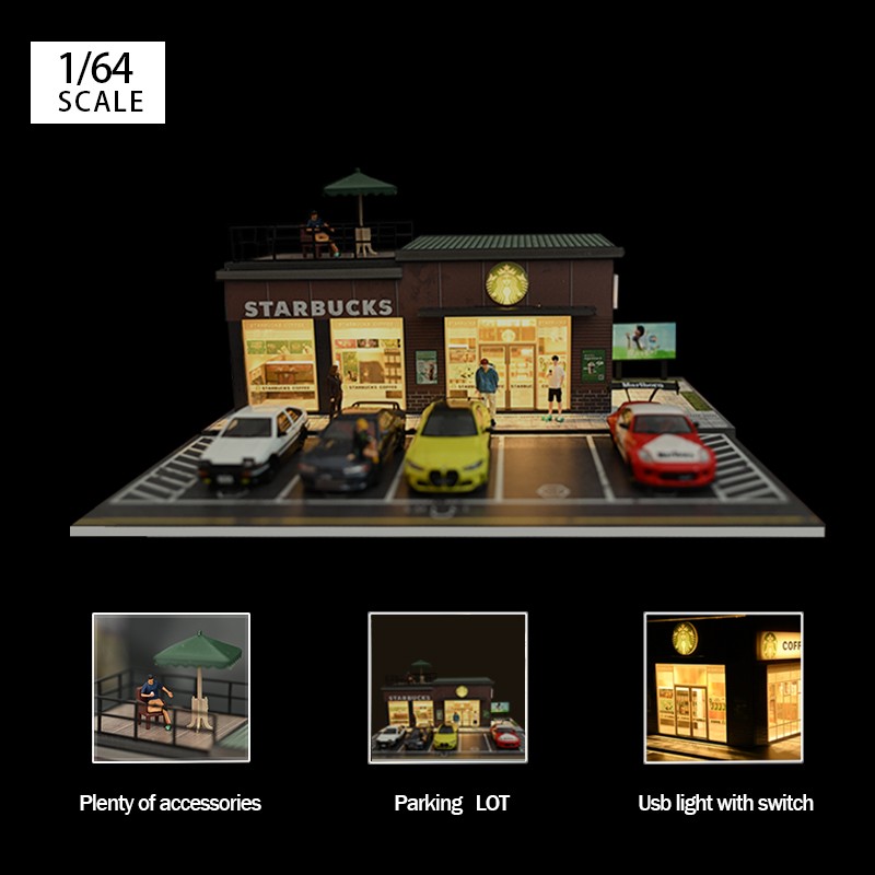US Diorama 1/64 Diecast Garage Model LED Lighting Parking Lot Scene Display Case